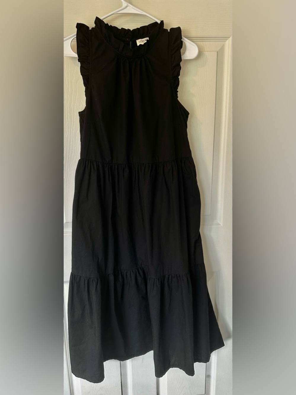 J. Crew 6,Black Sleeveless Tiered Midi Dress with Ruffle Collar
